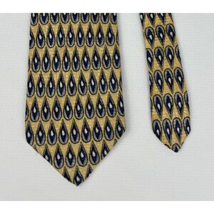 Vintage RBM Collection Silk Tie Gold Navy Teardrop Pattern Mens Classic Necktie